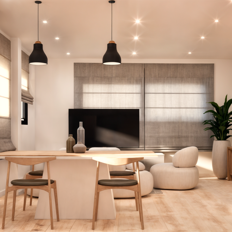 Sala de estar piso Vilanova i la Geltrú Sala de estar moderna con muebles cómodos, iluminación suave y una planta decorativa.